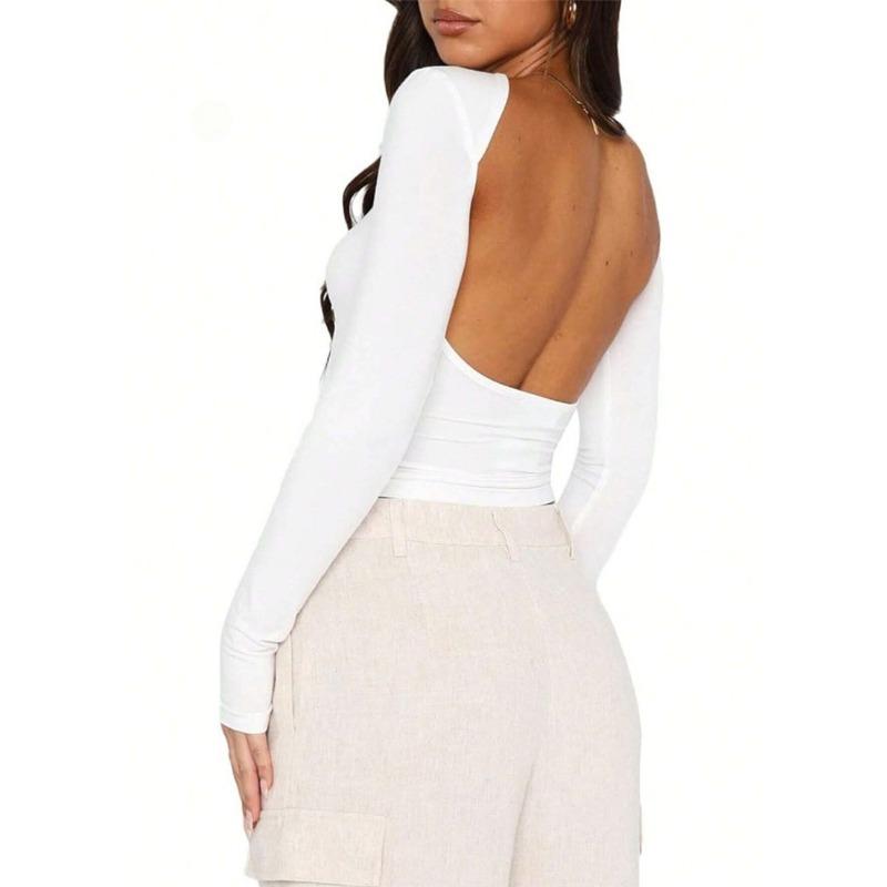 Женская футболка с открытым пупком и вырезом на спине, тонкая, с длинными рукавами