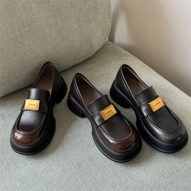 Meotina Женские лоферы из натуральной кожи, туфли-лодочки с круглым носком на толстом среднем каблуке с металлическими украшениями, женская модная обувь, весенне-осенний цвет коричневого цвета 40