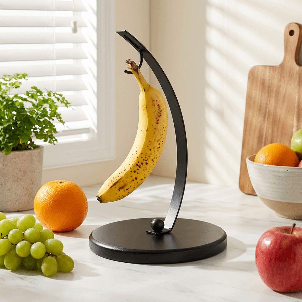Draining Metal Banana Holder With Wood Base Hanging Fruit Storage Holder Stable Stand with Hook Fruit Hanger Food Display