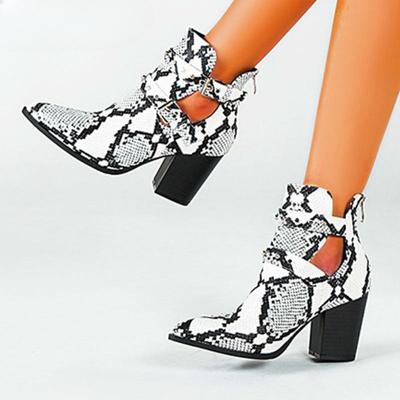 Мотоциклетные ковбойские сапоги в стиле вестерн, женские короткие казаки из змеиной кожи на высоком каблуке, ботильоны в стиле пастушки, обувь Botas с пряжкой