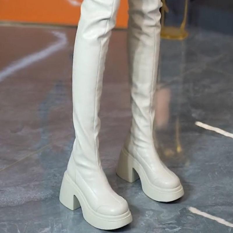 Fashion Womens Thick-heeled Over-the-knee Boots High Heeled High Quality Fad White Long Boots Women Heightened Elastic Boots Boats Mujer