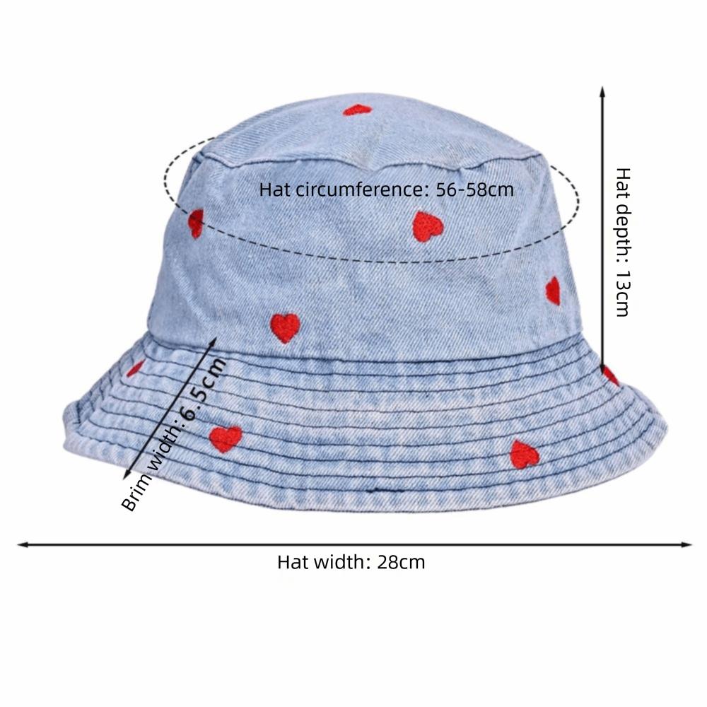 Love Heart Embroidery Denim Fisherman Hat Versatile Sun Protection Hat Fashion Bucket Hat Women
