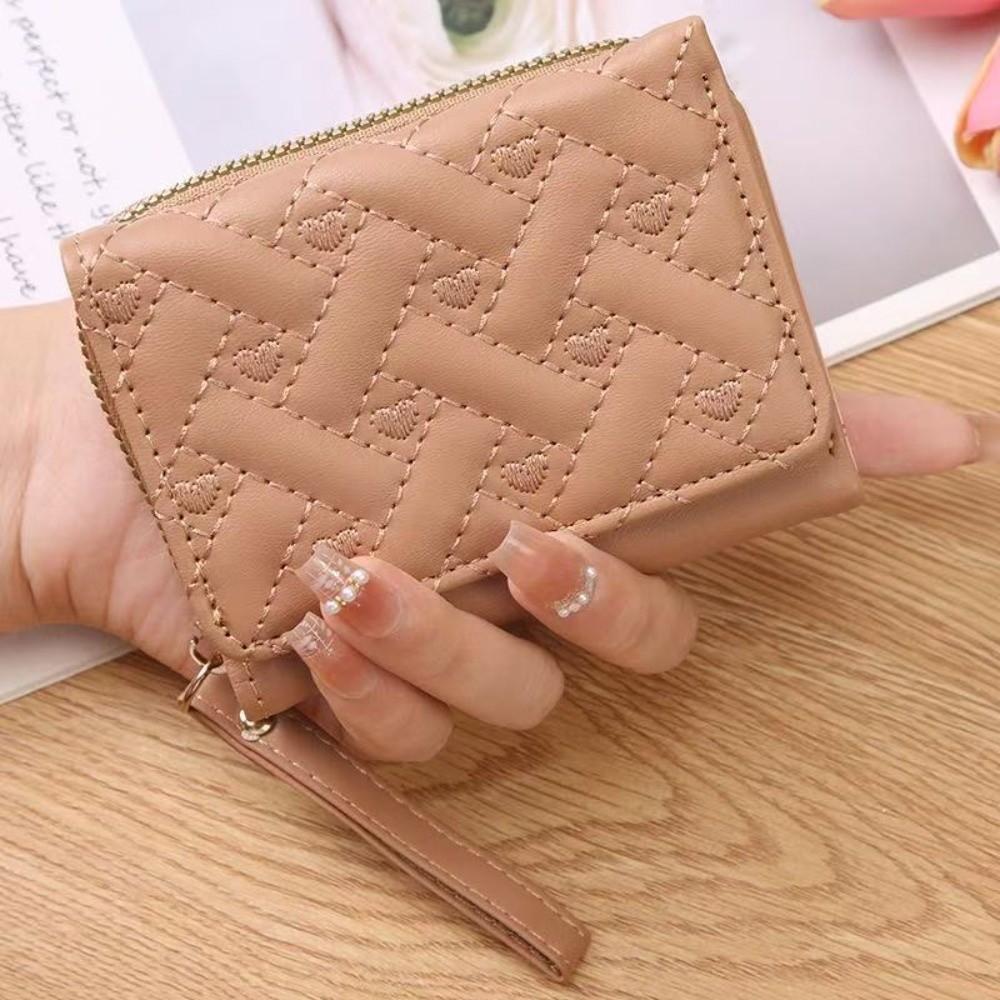 Versatile Embroidered Love Women's Wallet Zipper Buckle PU Leather Card Bag Large Capacity Mini Clutch Ladies
