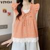 Women Sleeveless Ruffled Crochet Lace Hem Plaid Casual Tank Tops