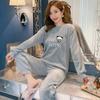 Thickened Warm Flannel Women Pajamas Loungewear Striped Top and Trousers Sleepwear Homewear Cartoon Rabbit Panda Nightwear