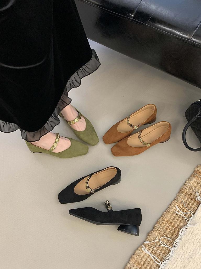 Green Shoes Shoes Women's 2025 New Autumn and Winter Suede Square Head Gold Coin Chain Velvet Mary Jane Women's Shoes