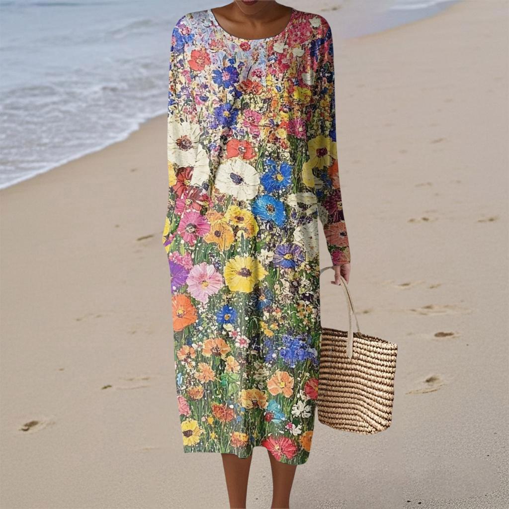 Women's Fashion Casual Long Sleeve Floral Print Round Neck Pocket Elegant Temperament Dress