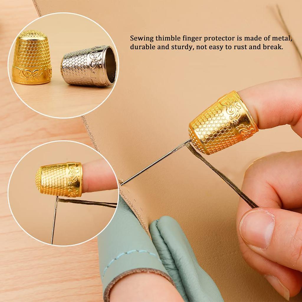 Hand-Working Sewing Thimble Metal Finger Shield Ring Leather Finger Protectors Thimble Rings for Knitting Quilting DIY Craft