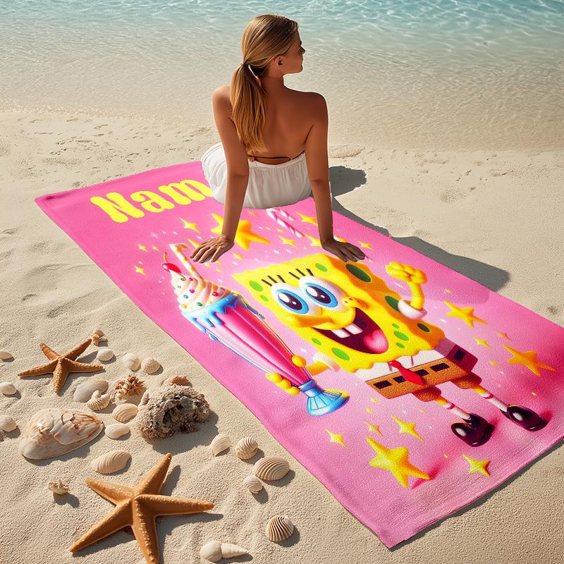 Personalized Name SpongeBob Theme Stylish Digital Printing Beach Towel Quick‑Drying Absorbent Blanket for Beach Pool Gym Travel