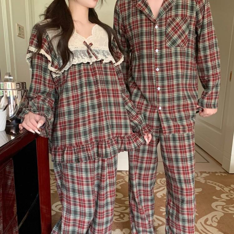 Korean-Style Couple Christmas Plaid Pajamas: Sweet Princess Design, Brushed Fabric, Long-Sleeve, Autumn/Winter Homewear Set