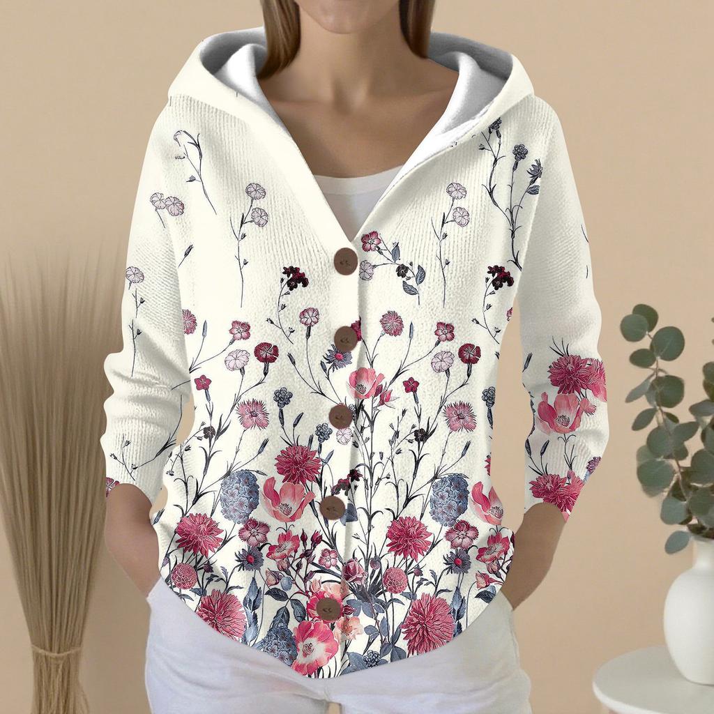 Women's Fashion Casual Sweater Button-Up Print Cardigan Hooded Jacket