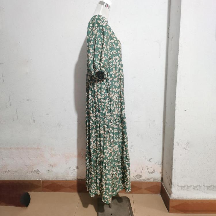 Women Summer Casual Floral Print O Neck Dress High Waist Loose Large Size Ankle Length Middle Long Sleeve Spring Dress