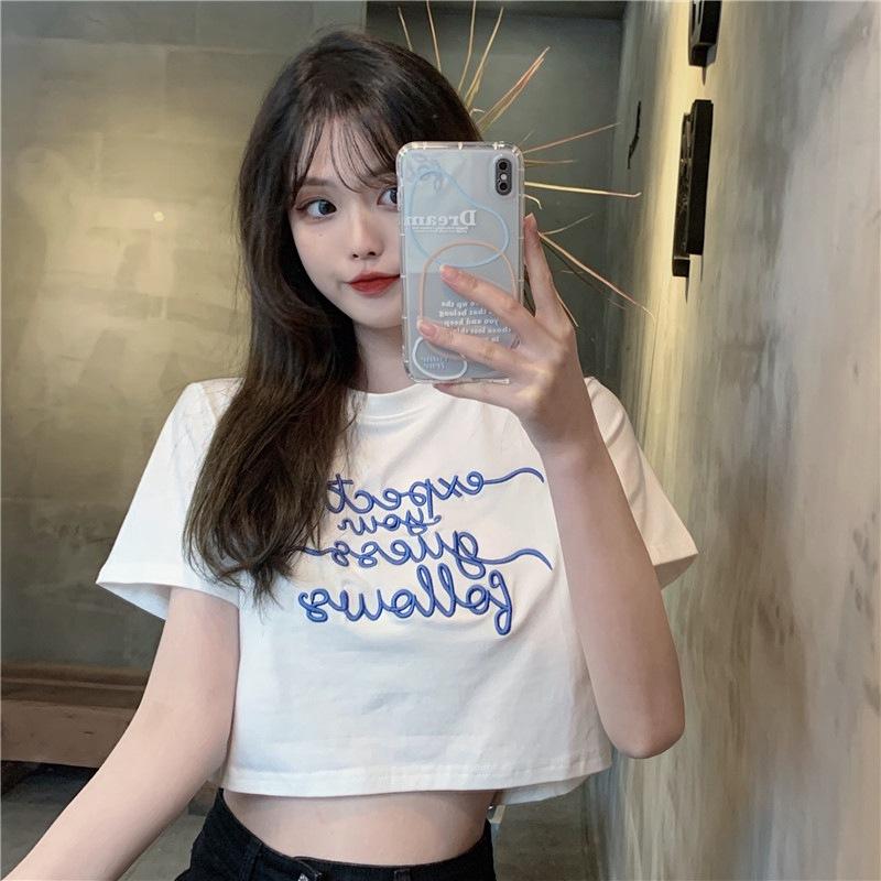 Letter Embroidered Short-sleeved T-shirt for Women In Summer Korean Style Ins Trendy Small Slim Short High Waist Navel Top