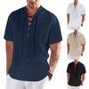Men's Spring Summer Casual Fashion Drawstring Cotton Linen Solid Colour V-neck Short Sleeve