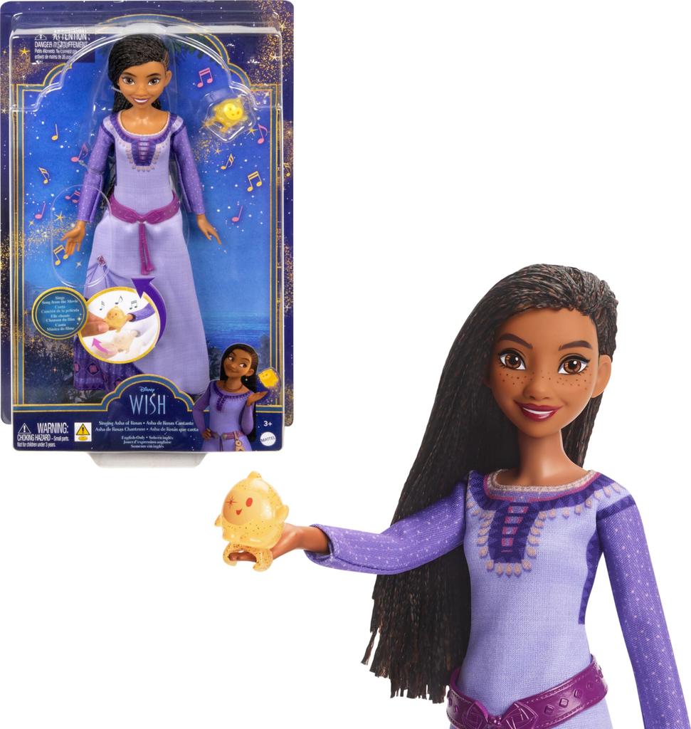 Polly Pocket Mattel Disney Wish Toy: Asha of Rosas Sings Fashion Doll & Star Figure. Features removable clothing for posing and sings "This Wish" in E