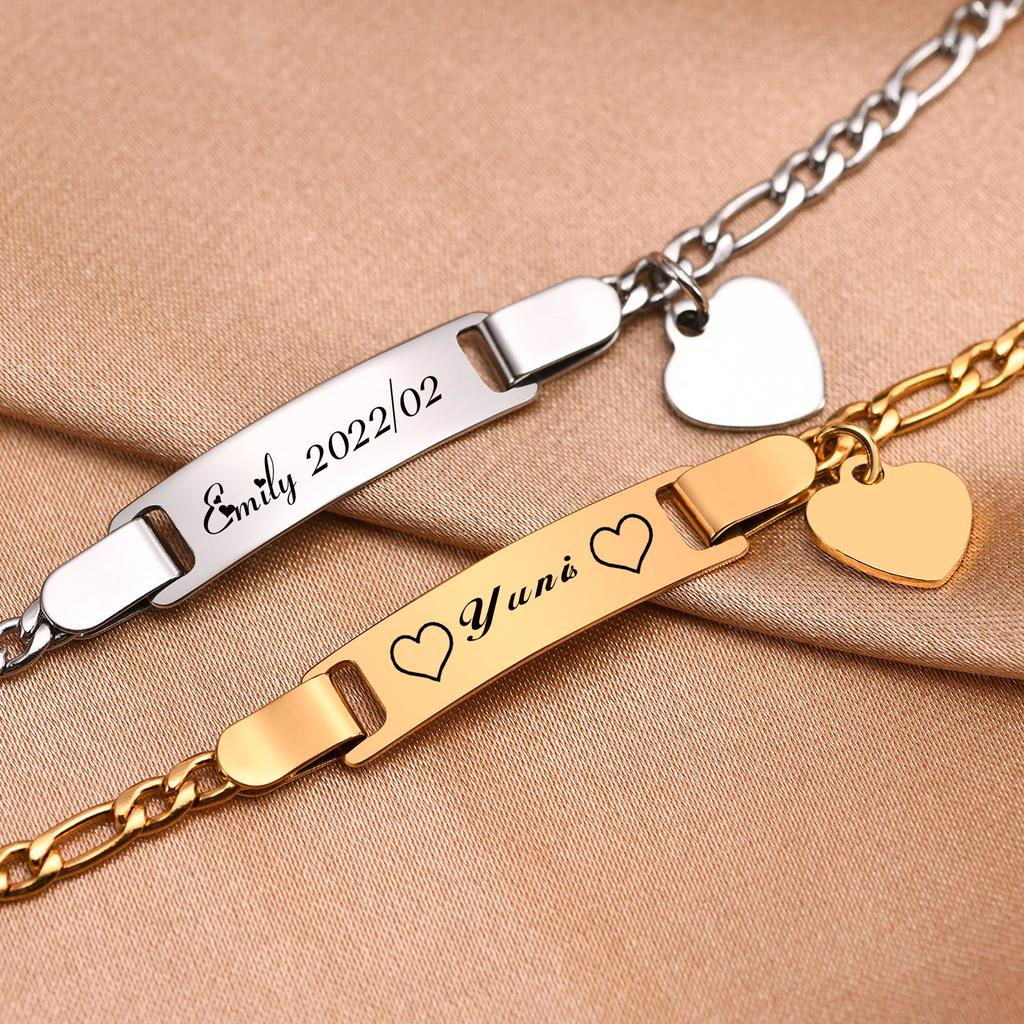 Persoanlized Custom Name Heart Bracelet,Stainless Steel Figaro Chain Link Adjustable,Engraved Gift for Boy Girl