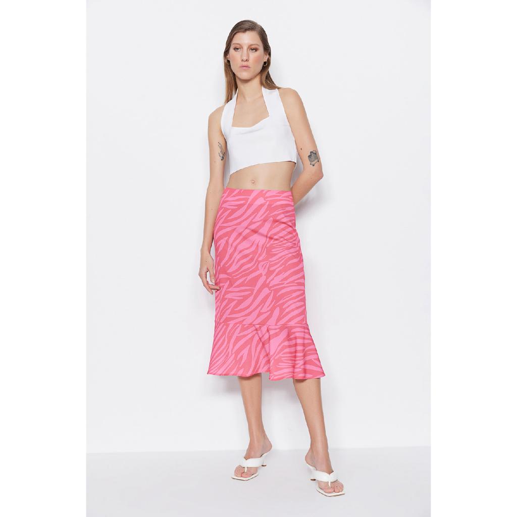 Pink Midi Knitted Skirt With Flounce Animal Pattern Skirt Twoaw20et0241