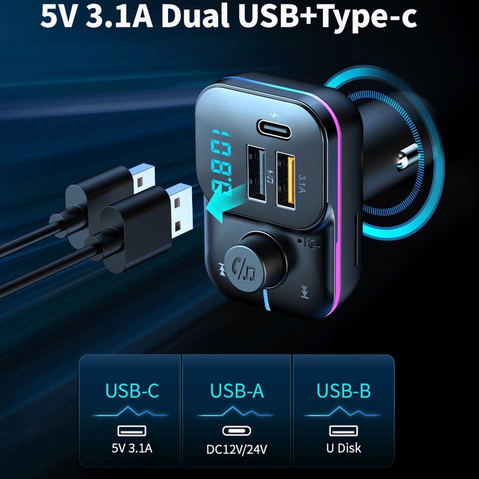 Цветной Bluetooth-автомобильный MP3-плеер C24 с двойным USB Type-C зарядным устройством и FM-передатчиком