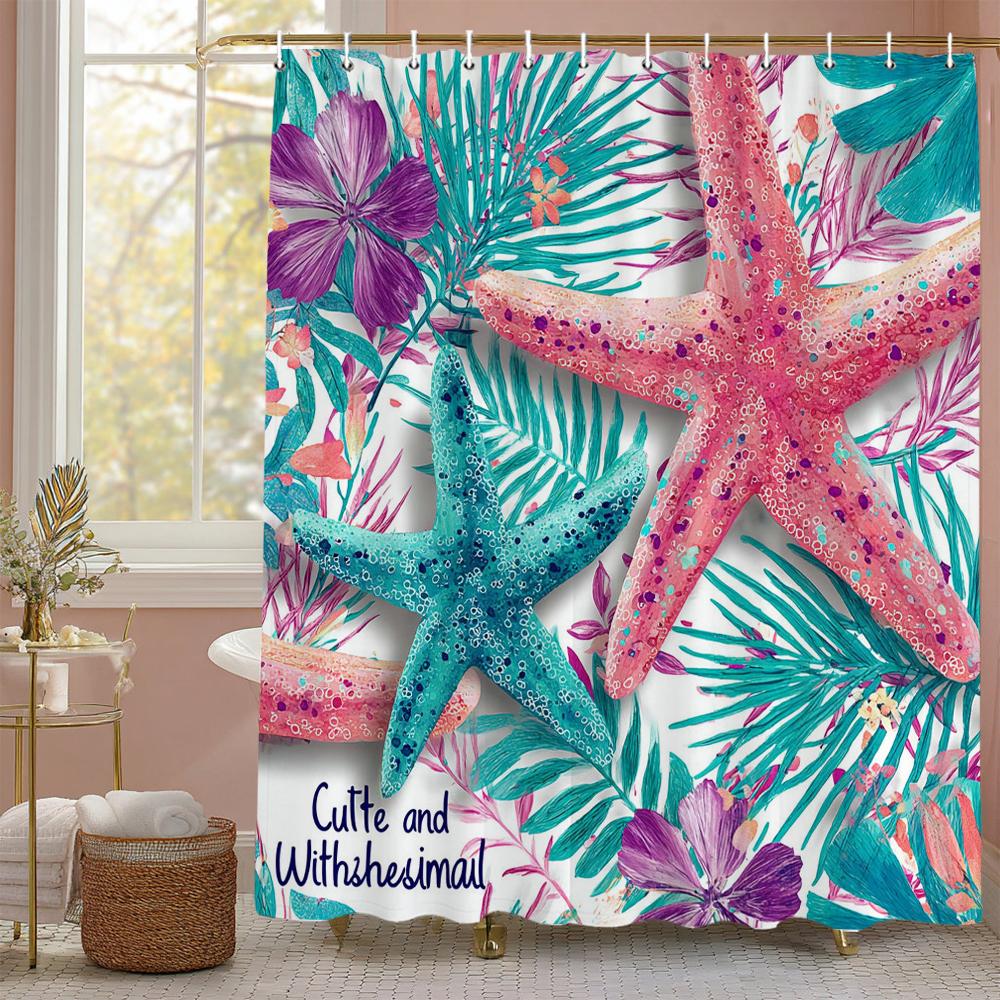 1PC Watercolor starfish pattern printed shower curtain, waterproof, with hooks, bathroom showers, bathtub, fashionable home user