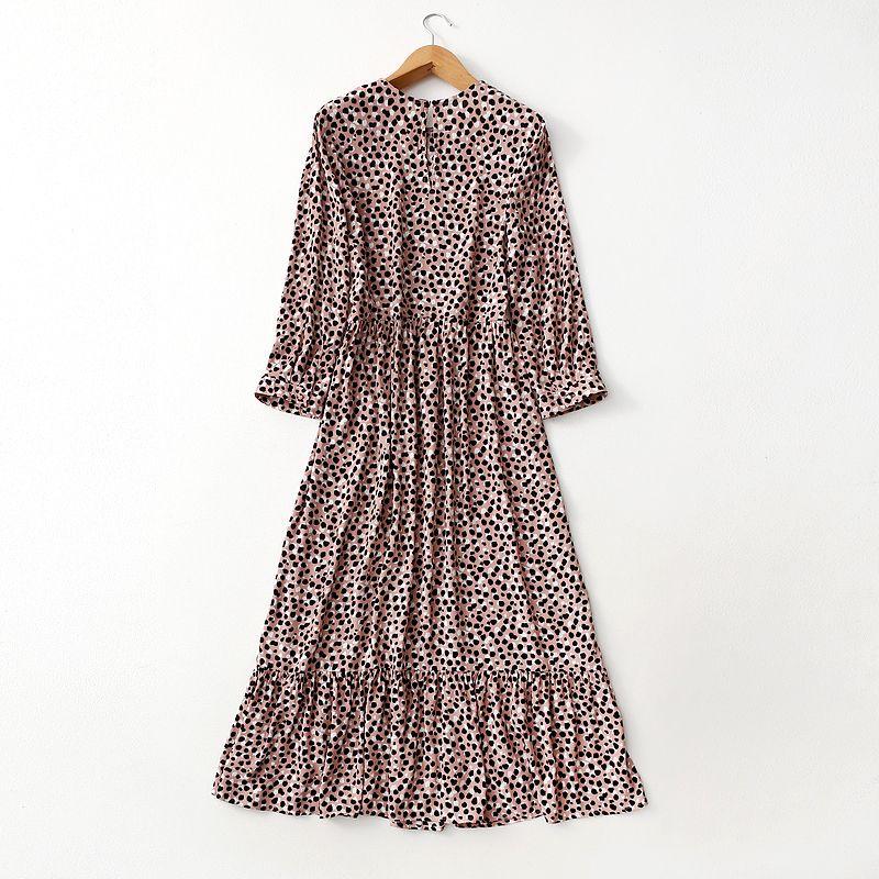 Foreign Trade Overplus Order Retro Leopard Print Print High Waist Slimming Long Sleeve Dress Spring Drape Viscose Long Dress