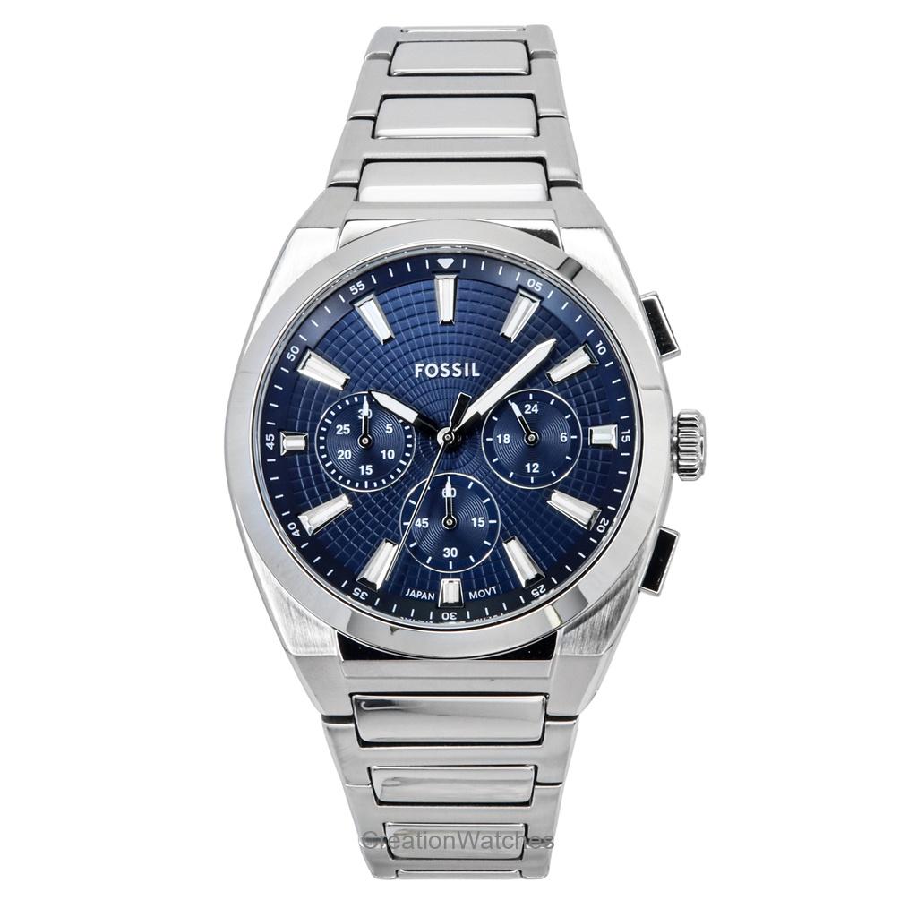 Fossil Мужские часы Everett Chronograph из нержавеющей стали с синим циферблатом и кварцевым механизмом FS6104