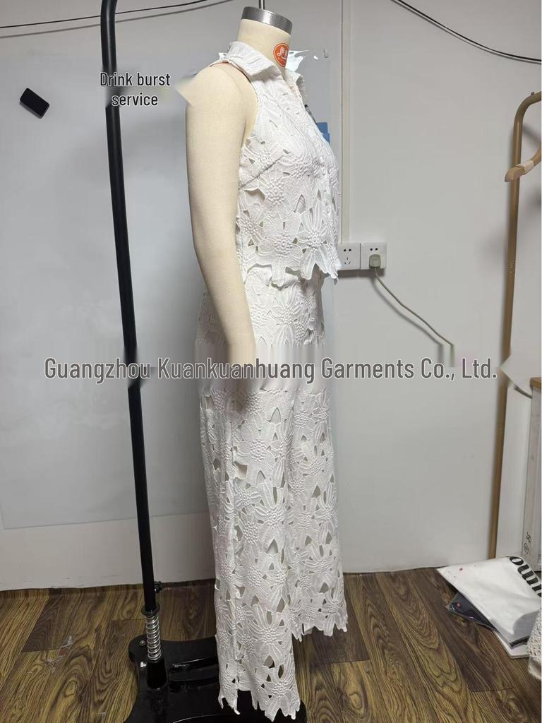 French Summer Embroidered V-Neck Cutout Tank & Wide-Leg Pants Set