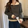 Женский топ-поло на молнии, ранняя весна, контрастные полоски, свободный, с длинным рукавом, базовый, нишевый свитер