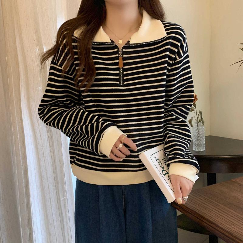 Женский топ-поло на молнии, ранняя весна, контрастные полоски, свободный, с длинным рукавом, базовый, нишевый свитер