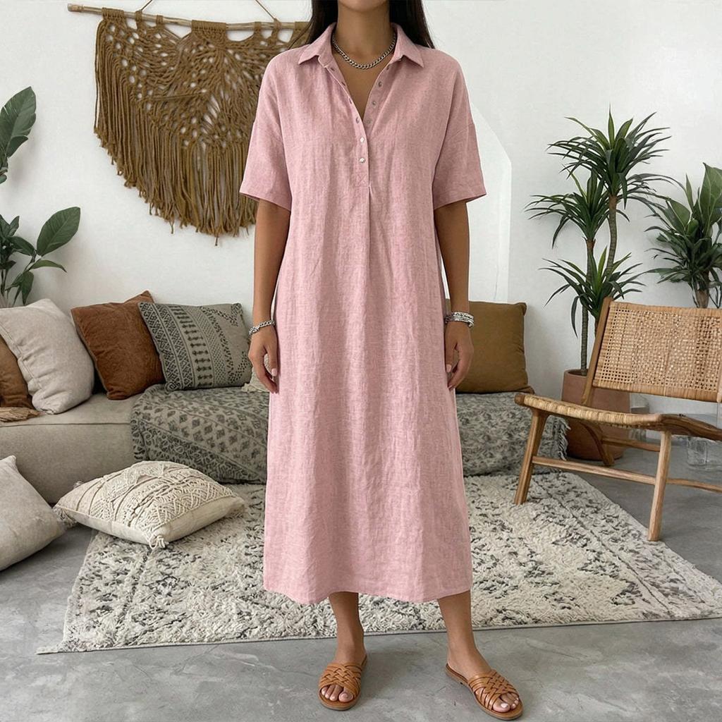 Женское прямое и удобное льняное платье с V-образным вырезом и коротким рукавом