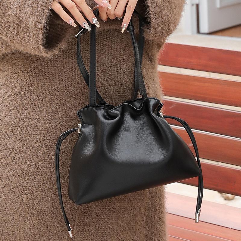 Genuine Leather Women's Handbag Drawstring Tote Bag Pleated All-in-one Crossbody Bag