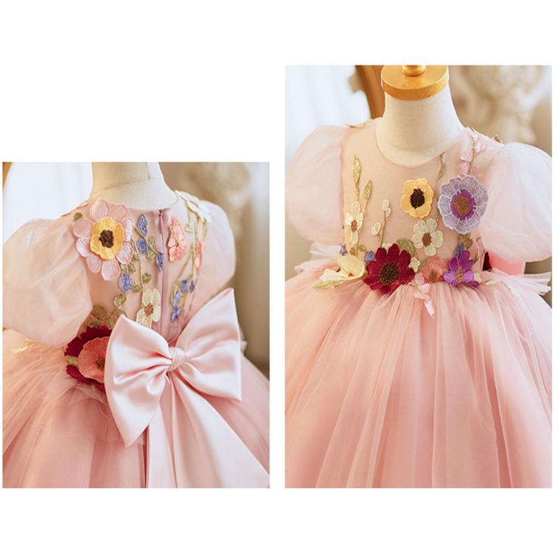 Детское вечернее платье для крещения на день рождения, платье с бантом и цветочным принтом для маленьких девочек, пышные рукава, бальное платье, элегантный костюм, Vestidos