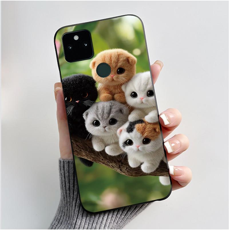 For Google Pixel 5a Soft Silicone Black Case Trendy Style Cartoon Pattern Fluffy Bunny, Milk Tea Rabbit, Rabbit Lamp Casing