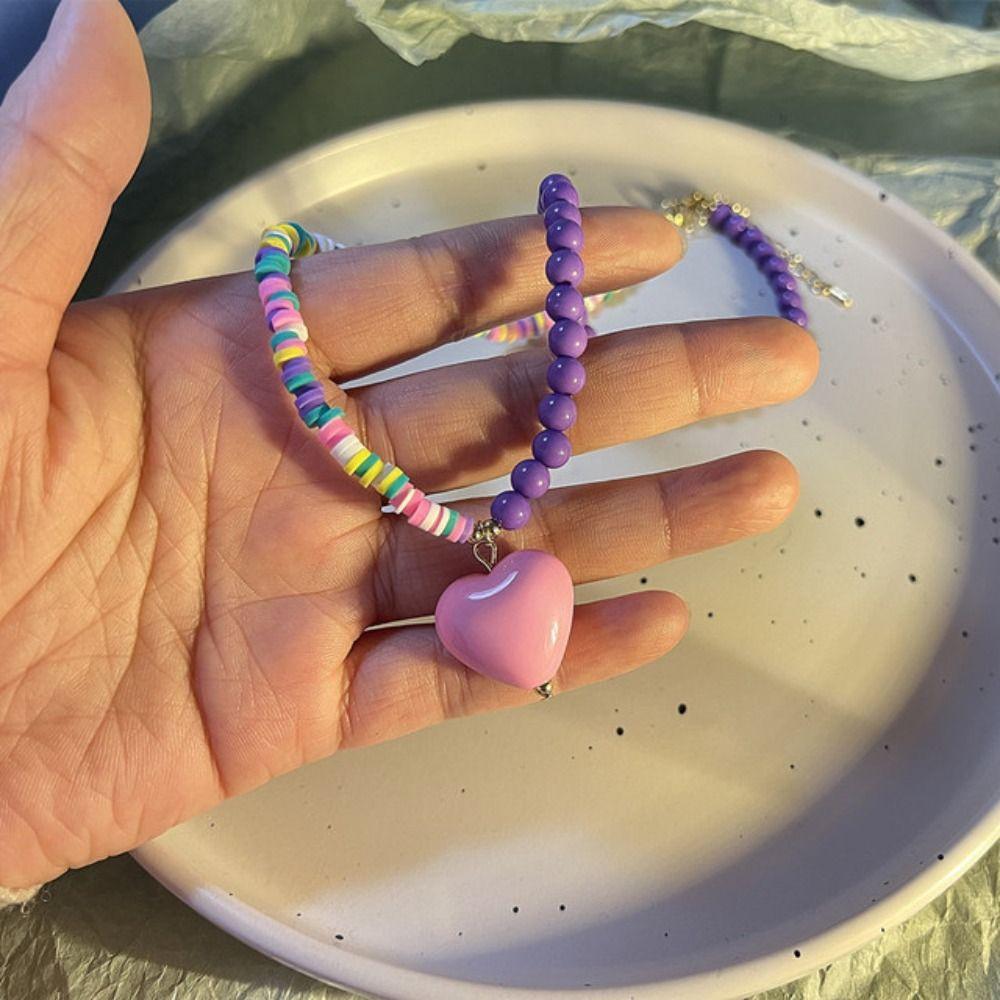 Gift Simple Women Jewelry Accessories Rainbow Color Necklace Korean Necklace Love Heart Pendant