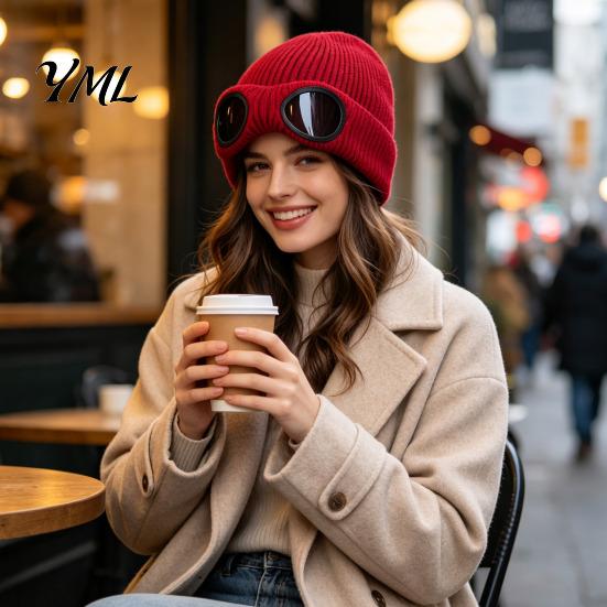 Winter Sports Headwear Knitted Hat with Goggles, Unisex Hat, Fleece Lined, Windproof Cycling Thermal Cap Warm Skull for Outdoor Skiing Street Fashion