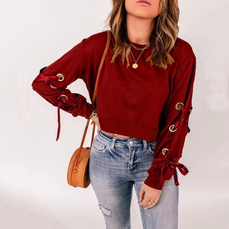 Женский топ с длинным рукавом и круглым вырезом, новый однотонный пуловер, повседневная футболка с длинным рукавом и завязкой