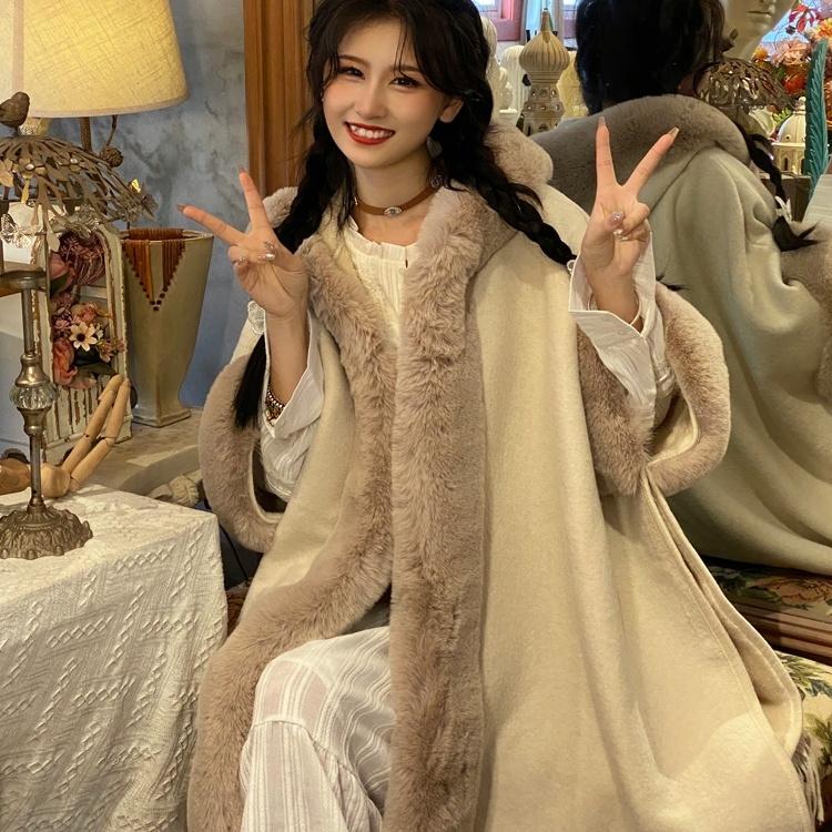Thickened Warm Shawl Cloak Retro Plaid Hooded Large Fur Collar Coat Women's Clothing