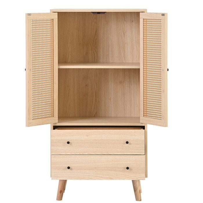 Buffet 60 x 40 x 120 cm chêne - 2 portes rotin, 2 tiroirs, 4 compartiments, meuble de rangement