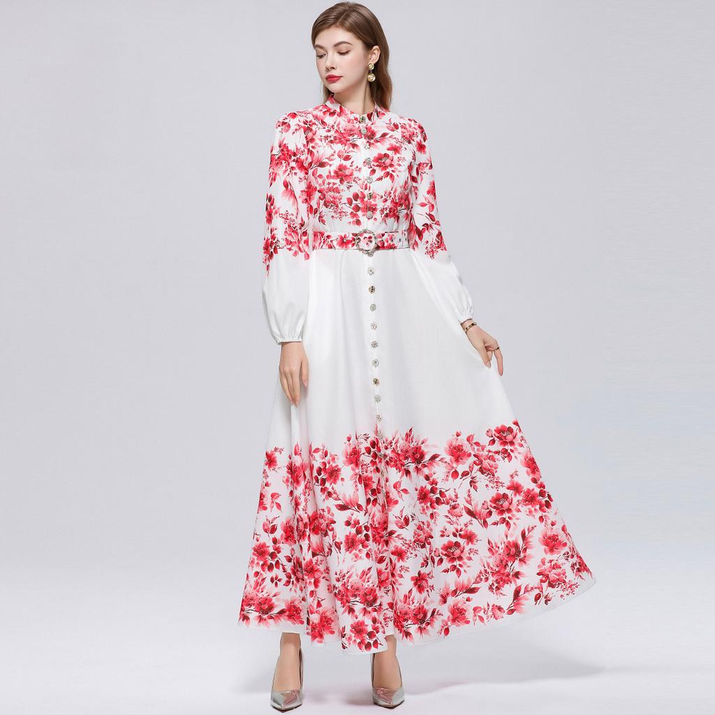Элегантное Потрясающее Цветочное Женское Длинное Платье с Поясом Стойка Воротник Фонарик Рукав Алмазные Пуговицы 2026 Весна Лето Праздничные Платья