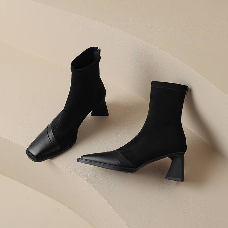 Krazing Pot Зимние эластичные ботинки из флоковой коровьей кожи с квадратным носком на толстом высоком каблуке и молнии, женские однотонные ботильоны