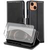 Case For iPhone 13 Pro (6.1'') Black Leather Effect + Tempered Glass Screen Protector