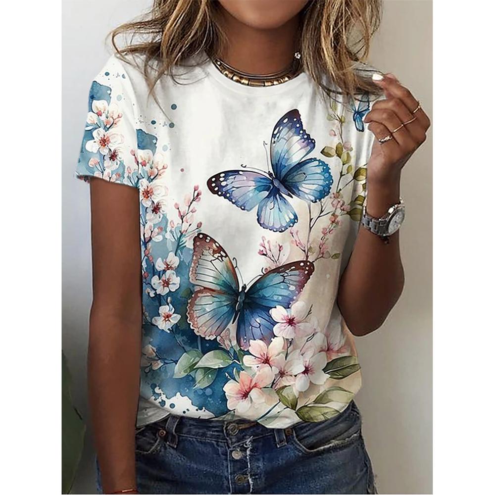 New O-neck 3d Butterfly Print T-shirt Women's Summer Fashion Short-sleeved Blouse Oversized Summer Clothing