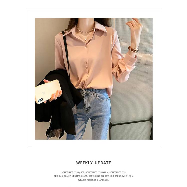 Плюс размеры: весна-лето, модная женская свободная однотонная блузка с длинным рукавом, топы, повседневная шифоновая рубашка, женские офисные женские рубашки S-3XL