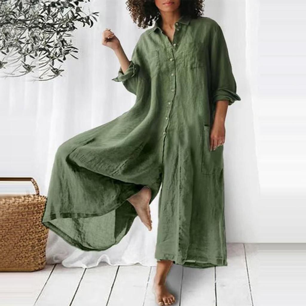 Женский модный свободный повседневный однотонный комбинезон с рукавами 3/4 и v-образным вырезом на пуговицах