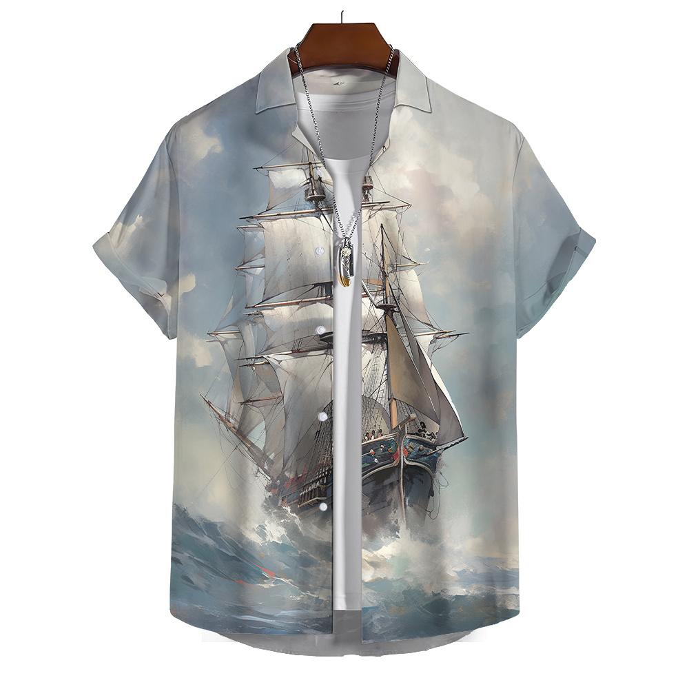 Summer Shirt For Men Lighthouse 3d Printed Men‘S Clothing Loose Oversized Shirt Beach Party Short Sleeved Tops Hawaii Sweatshirt