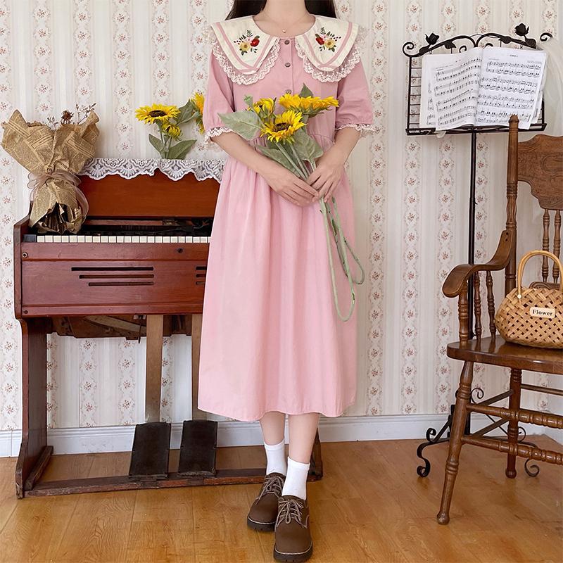 Японское летнее женское милое платье Mori Girl с воротником Питера Пэна, розовое, синее платье с цветочной вышивкой, милые платья Kawaii с кружевными оборками