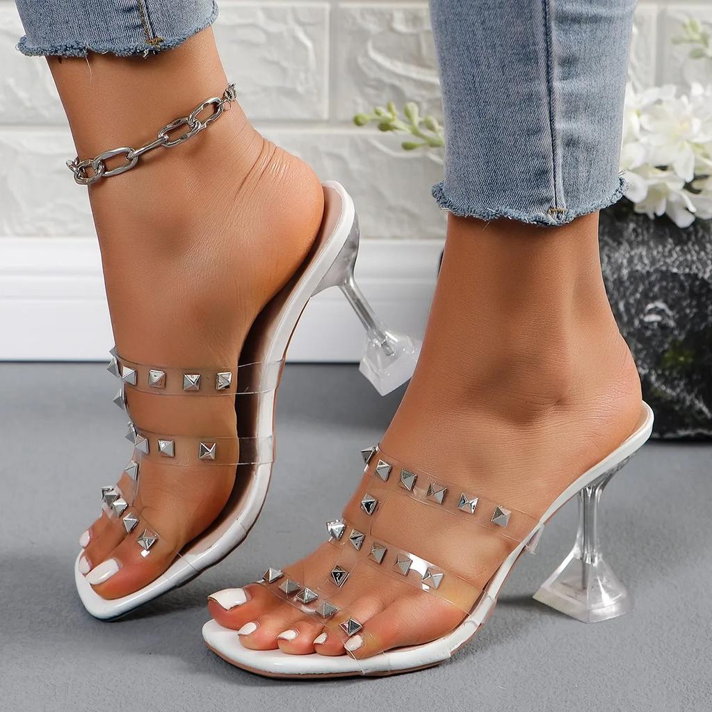 2024 Summer Fashion Rivet Women's Slippers New Transparent High Heels Women's Sexy Square Toe Party Dress Shoes Women's Slippers