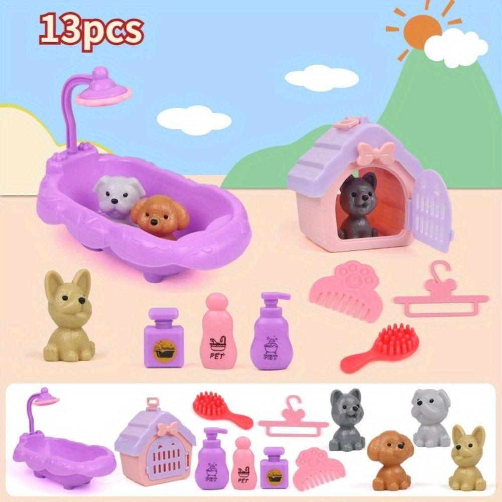 Animal Dog Pet Basket Toys Dog Doll Set Scene Playing Toys New Puppy Pretend Play Toy
