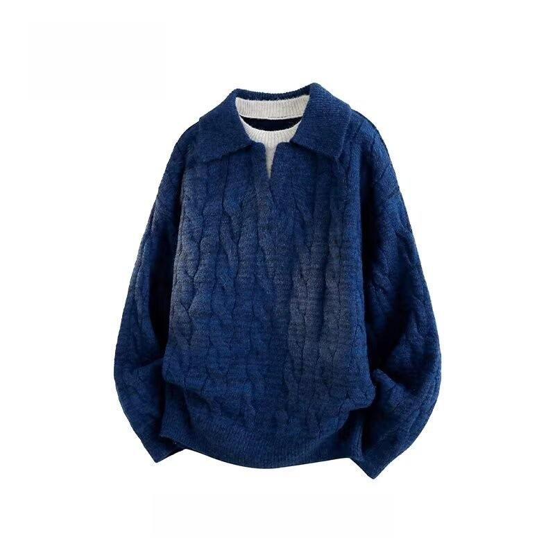 Men's Fake Two-Piece Lapel Sweater 2025 Fall Winter Retro Solid Color Casual Knit Top