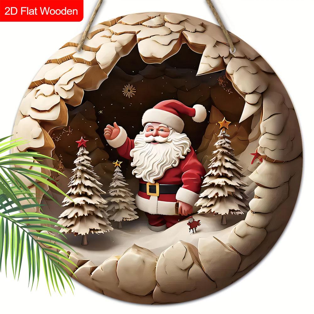 Wooden Christmas Sign with Santa Claus Pattern - Navidad Round Sign for Christmas Tree, Front Door, Wall Decor - Ideal Christmas Decoration