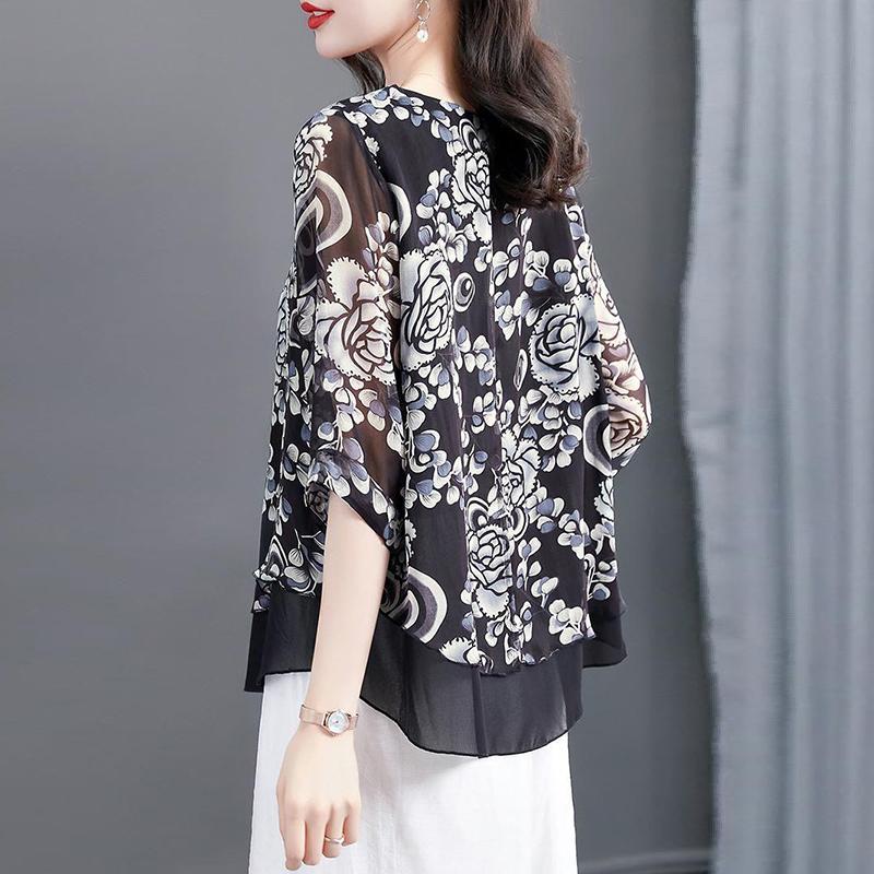 Летние Элегантные Модные Шифоновые Блузки с Принтом Femme Рукав 3/4 Пуловер Топы Женские Свободные Повседневные Блузки